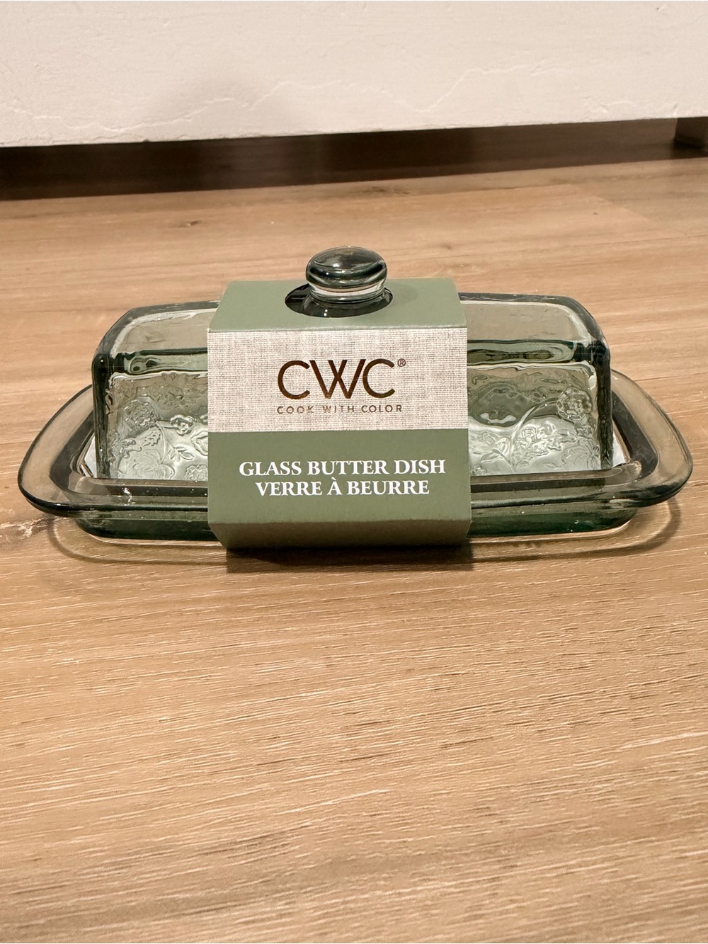CWC Floral Glass Butter Dish in clear Green